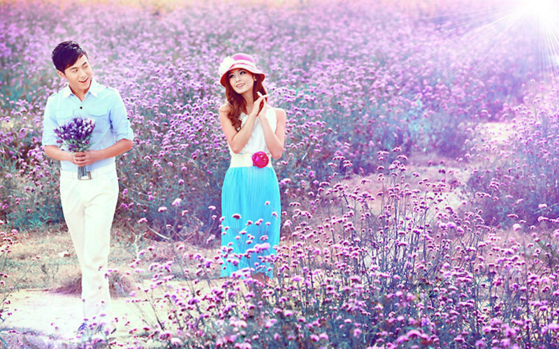 Couple in Flower Field — Purple, Romantic, Afternoon