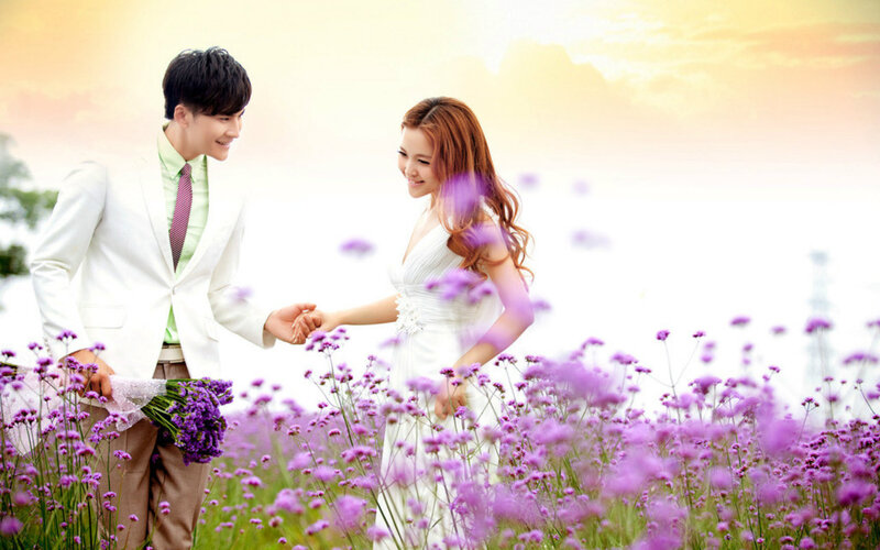Couple in Flower Field — Purple, Romantic, Sunset