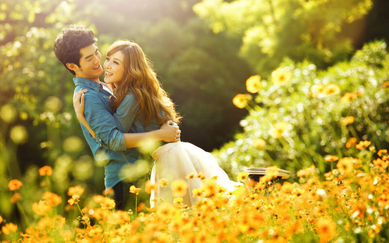 Couple in Flower Field — Yellow, Romantic