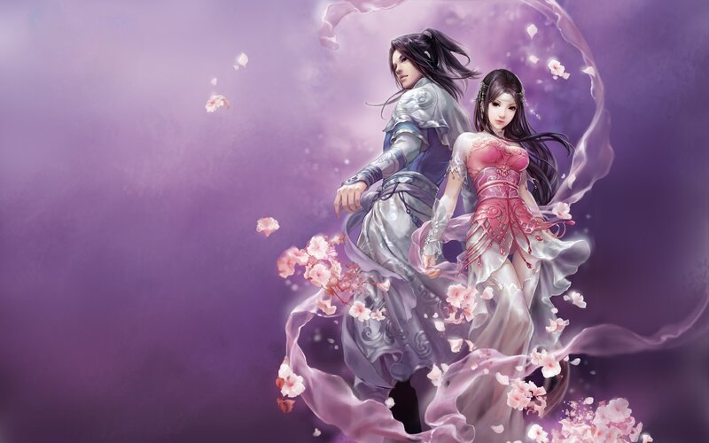 couple in flowing robes amidst cherry blossoms