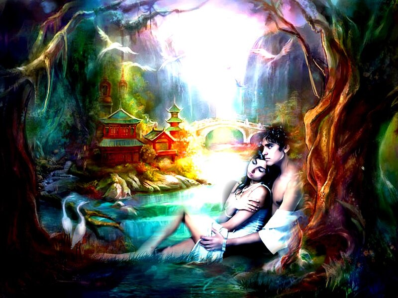 Couple in Forest — Green, Serene, Night, Digital Art
