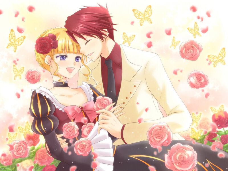 Couple in Formal Wear — Pink, Romantic, Anime, Roses