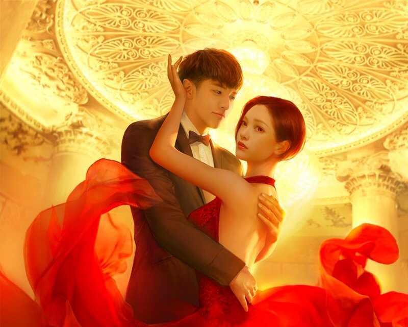 Couple in Formal Wear — Red, Dramatic, Digital Art