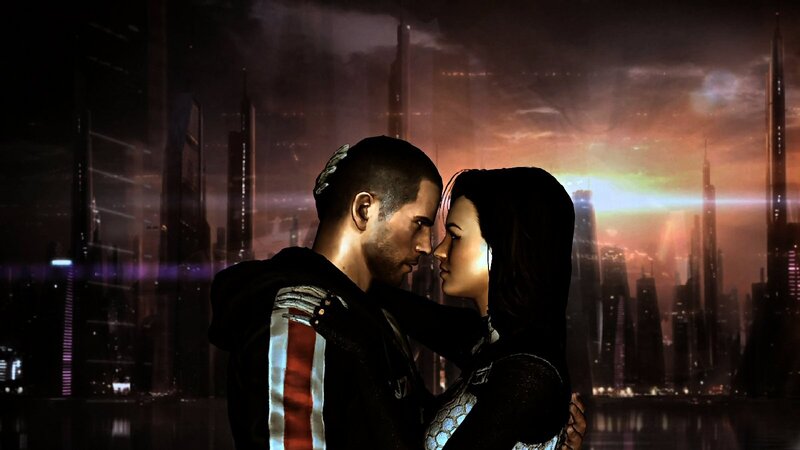 couple in futuristic city