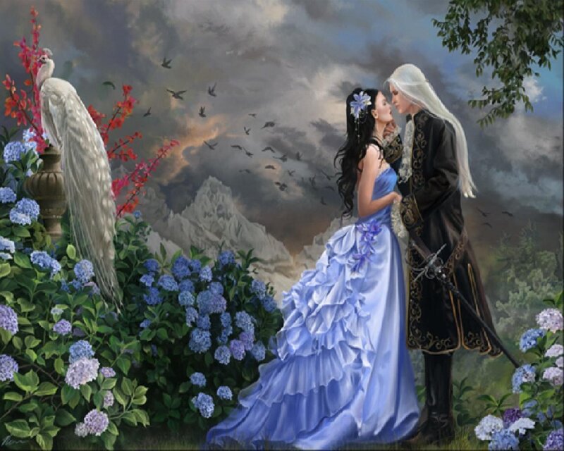Couple in Garden — Blue, Romantic, Afternoon
