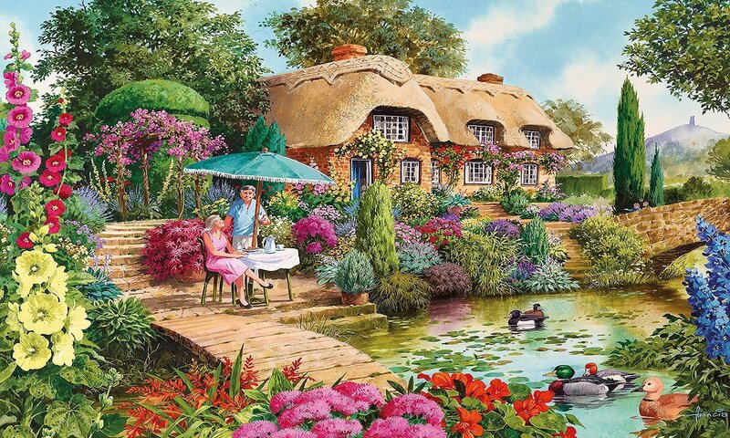 Couple in Garden — Green, Serene, Afternoon, Illustration