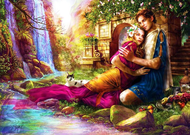 Couple in Garden — Purple, Serene, Afternoon, Digital Art