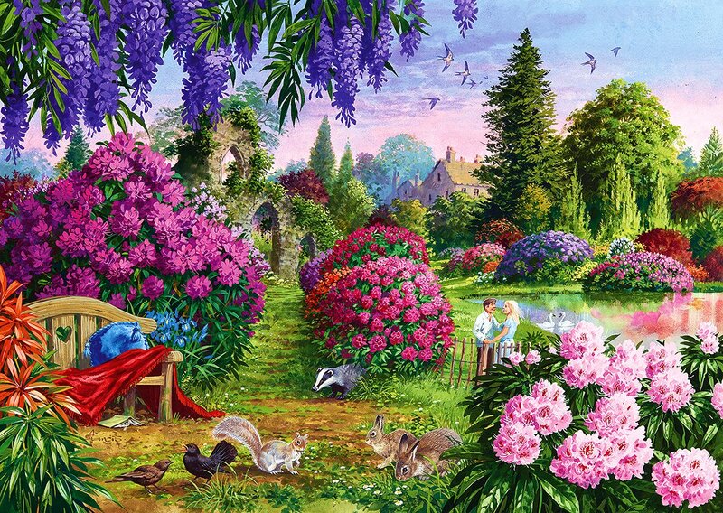 Couple in Garden — Purple, Serene, Afternoon