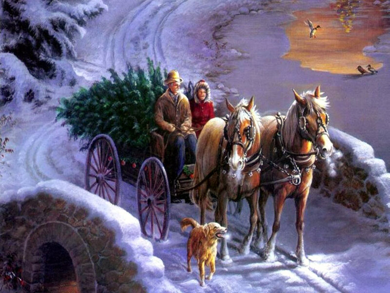 Couple in Horse-drawn Carriage — White, Peaceful, Winter, Painting, Horse, Dog