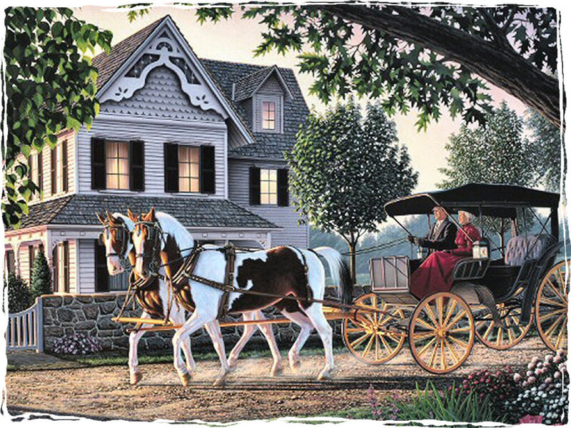 Couple in Horse-drawn Carriage — White, Serene