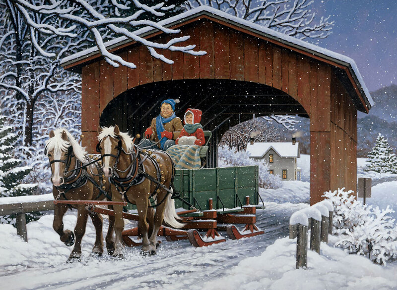 Couple in Horse-drawn Sleigh — White
