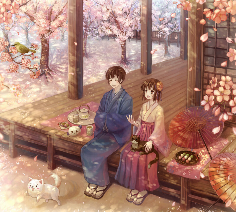 Couple in Kimonos — Pink, Serene, Spring, Anime