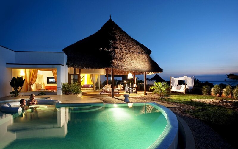 Couple in Pool at Night — Blue, Serene, Photograph, Thatched Hut, Bed, Ocean