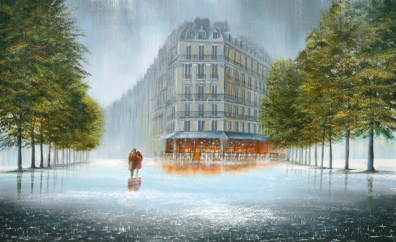 Couple in Rain — Blue, Rainy