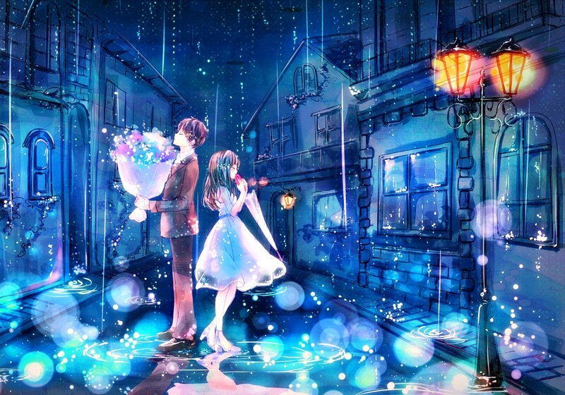 Couple in Rain — Blue, Romantic, Night