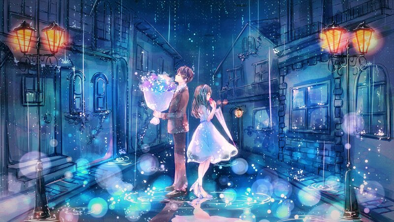 Couple in Rain — Blue, Romantic