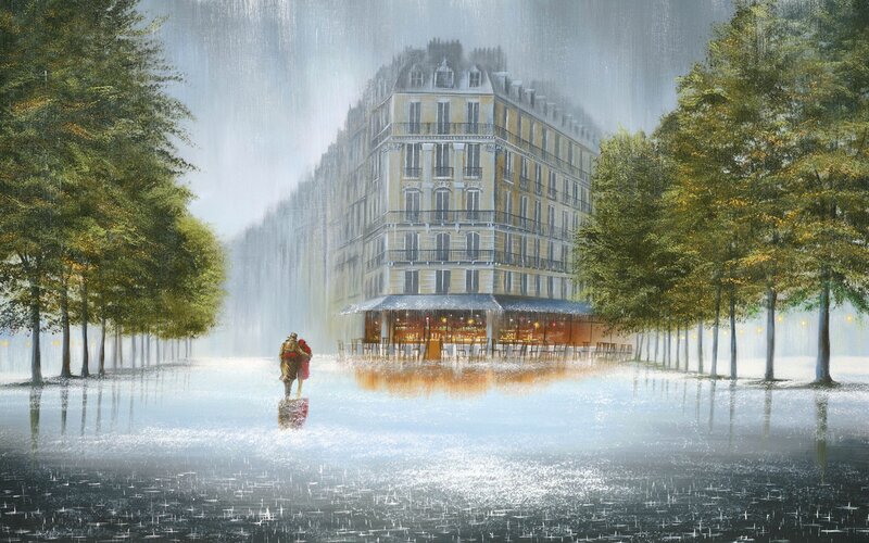 Couple in Rain — Green, Dramatic