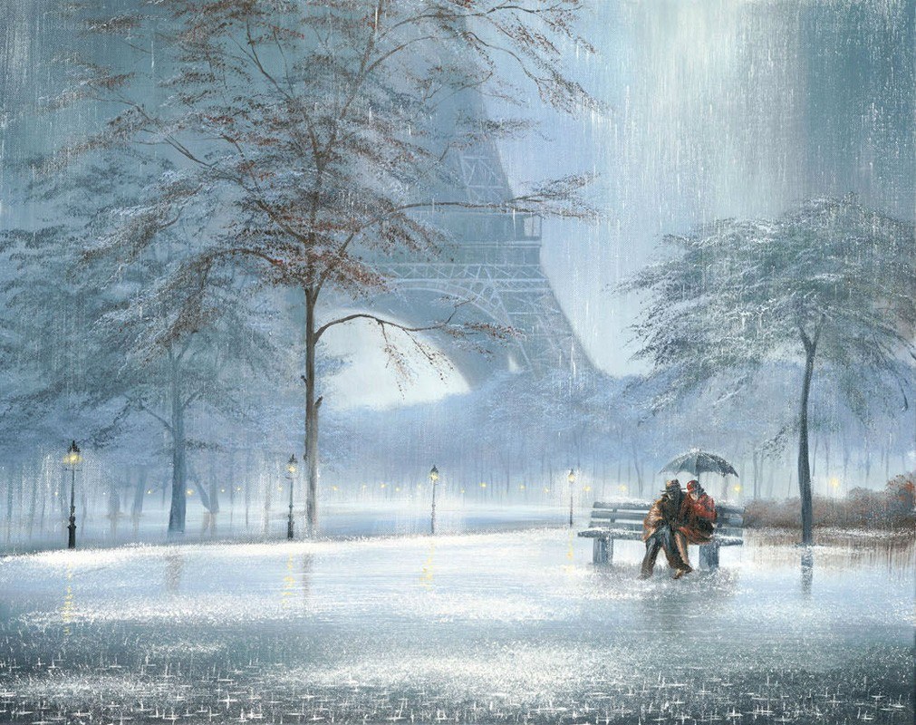 Couple in rain near Eiffel Tower