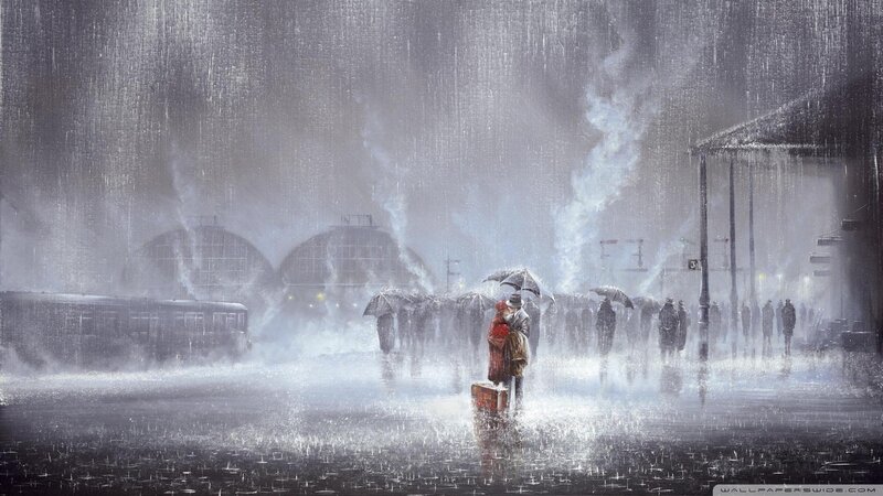 Couple in Rain with Suitcase — Gray, Dramatic