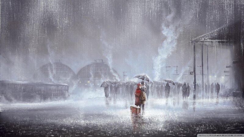 Couple in Rain with Suitcase