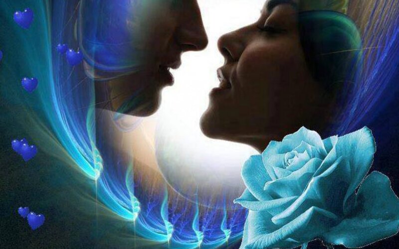 Couple in Silhouette — Blue, Romantic, Digital Art, Hearts
