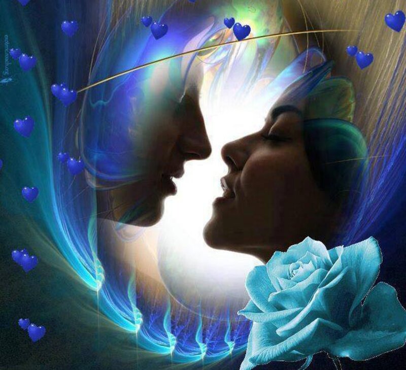 Couple in Silhouette — Blue, Romantic, Digital Art