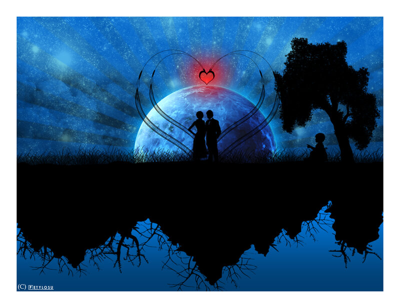 Couple in Silhouette — Blue, Romantic, Night, Digital Art