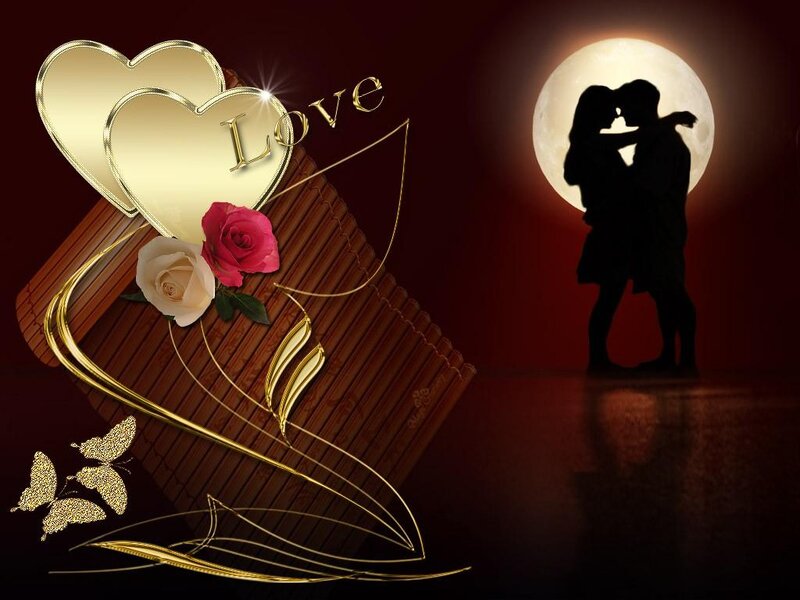 Couple in Silhouette — Red, Romantic, Night, Digital Art