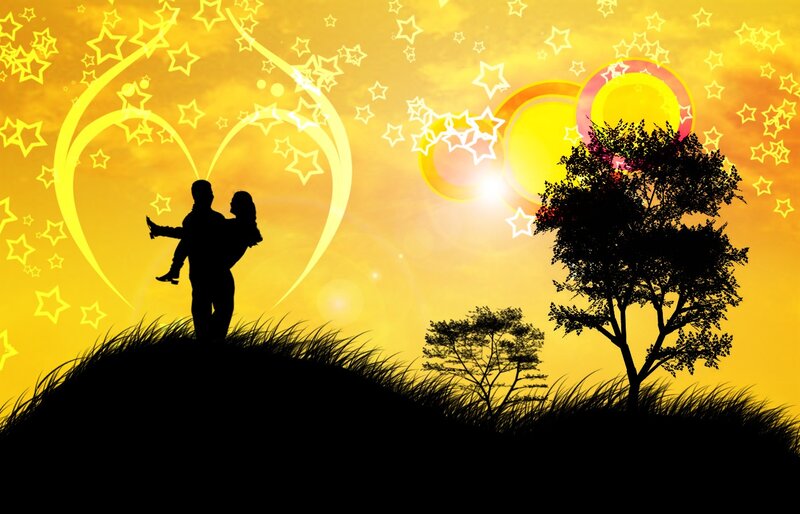 Couple in Silhouette — Yellow, Romantic, Sunset, Digital Art