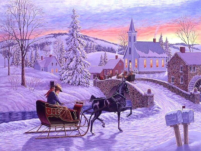Couple in Sleigh — White, Serene, Winter, Painting