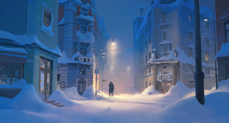 Couple in Snow — Blue, Serene