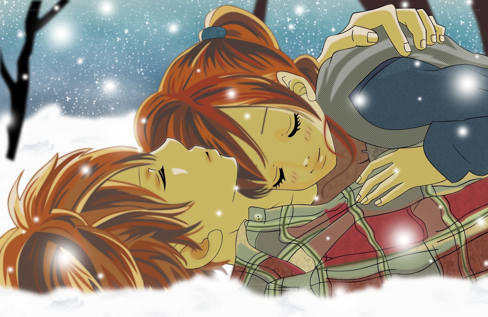 Couple in snow embrace