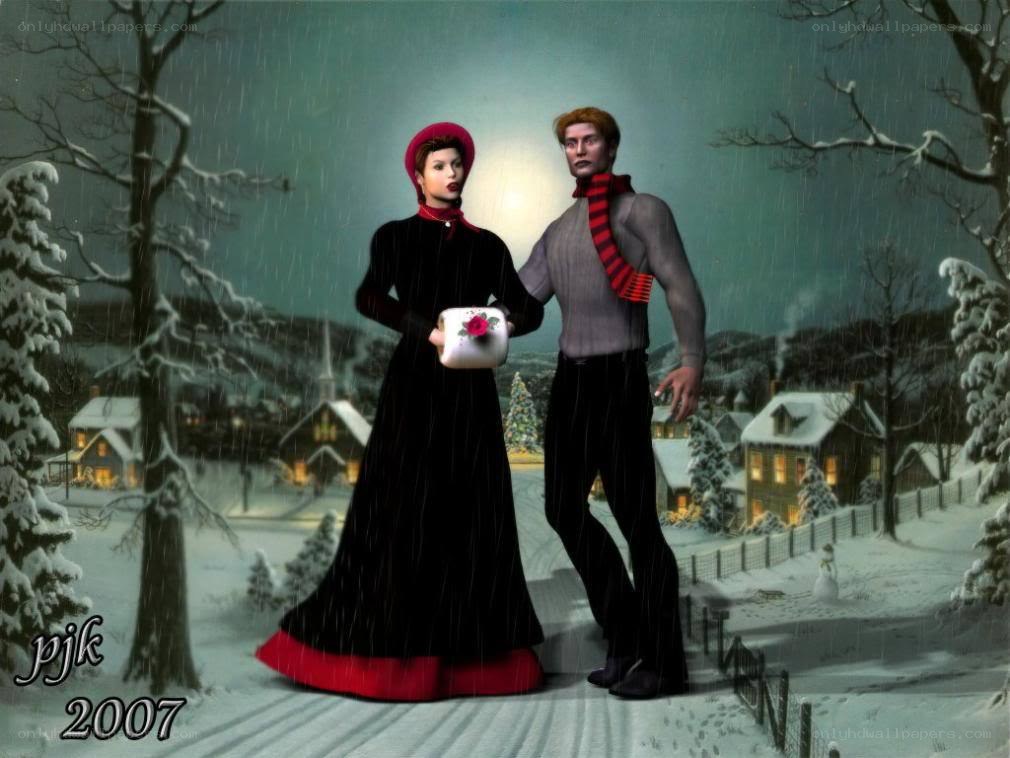 Couple in snowy village