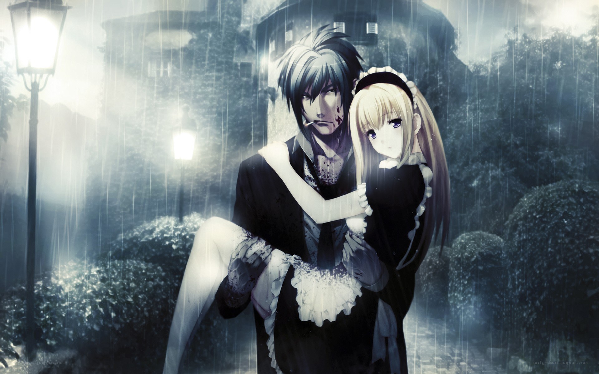 Couple in the rain at night