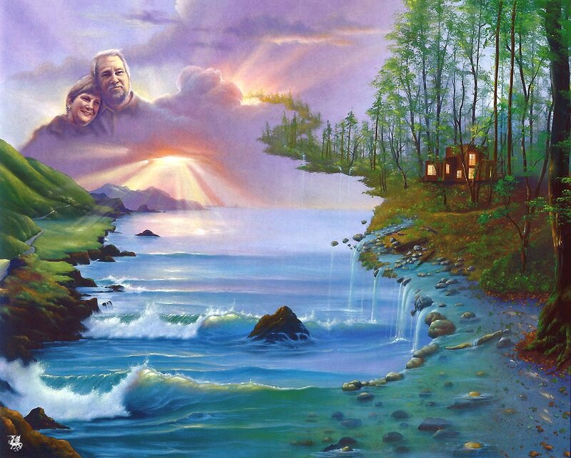 Couple in the sky over a coastal landscape