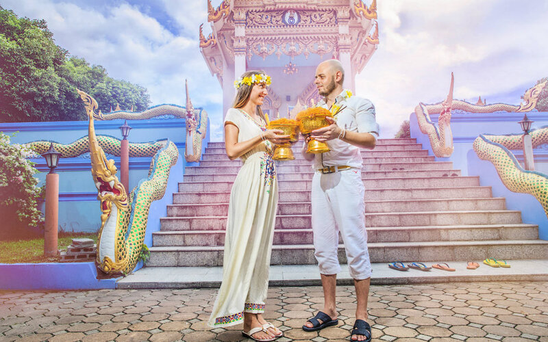 Couple in Traditional Attire — Blue, Serene