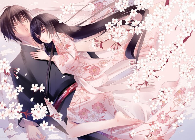 Couple in Traditional Clothing — Pink, Serene, Spring, Anime, Cherry Blossoms