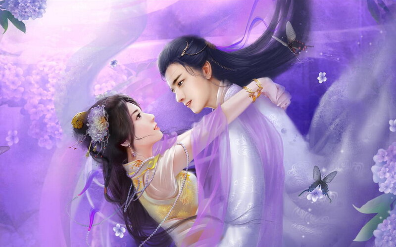 Couple in Traditional Clothing — Purple, Romantic, Digital Art