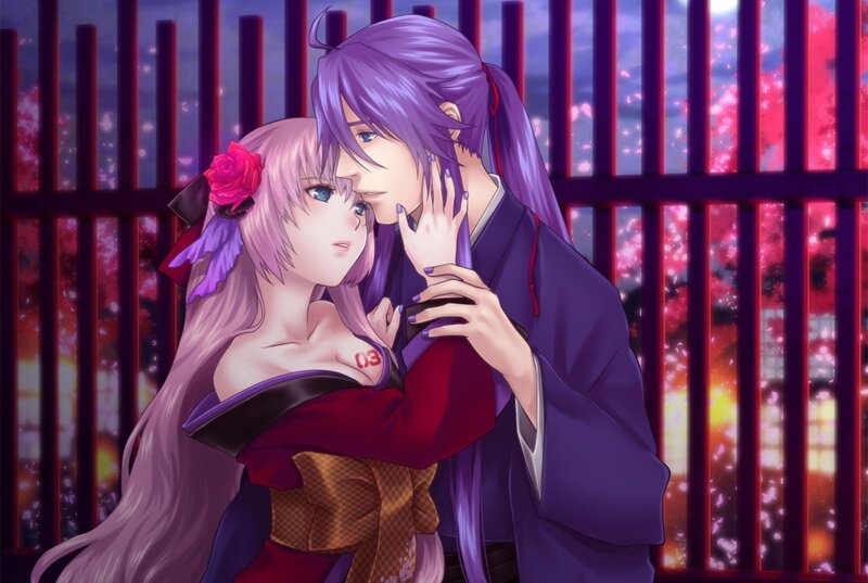 Couple in Traditional Clothing — Purple, Romantic, Night, Anime