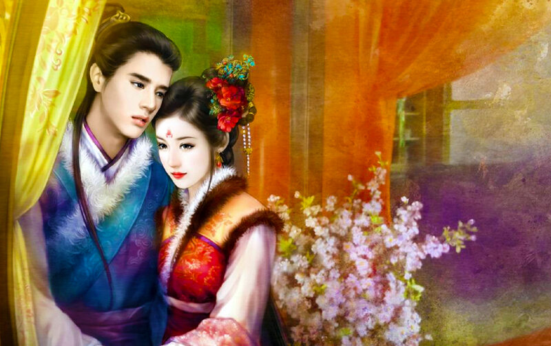 Couple in Traditional Clothing — Purple, Romantic, Spring