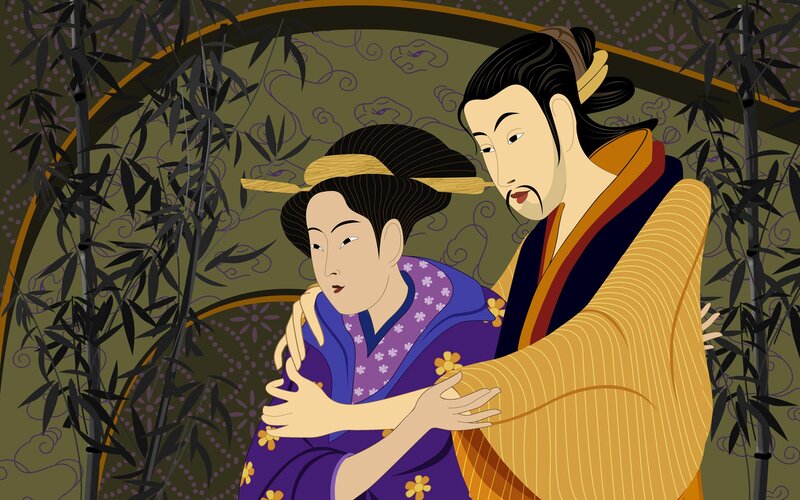 Couple in Traditional Clothing — Purple, Serene, Illustration