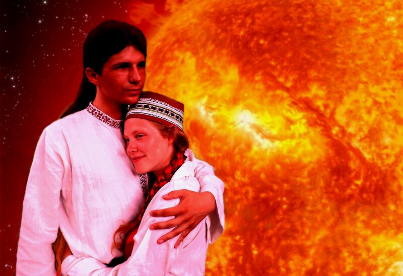 Couple in Traditional Clothing — Red, Dramatic