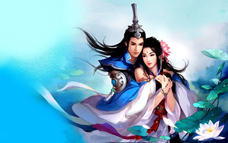 Couple in Traditional Robes — Blue