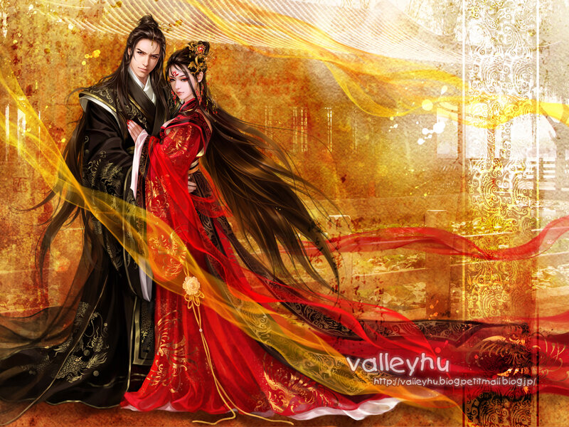 Couple in Traditional Robes — Red, Dramatic
