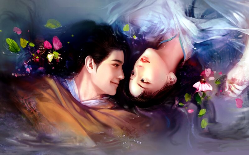 Couple in Water — Blue, Serene, Digital Art