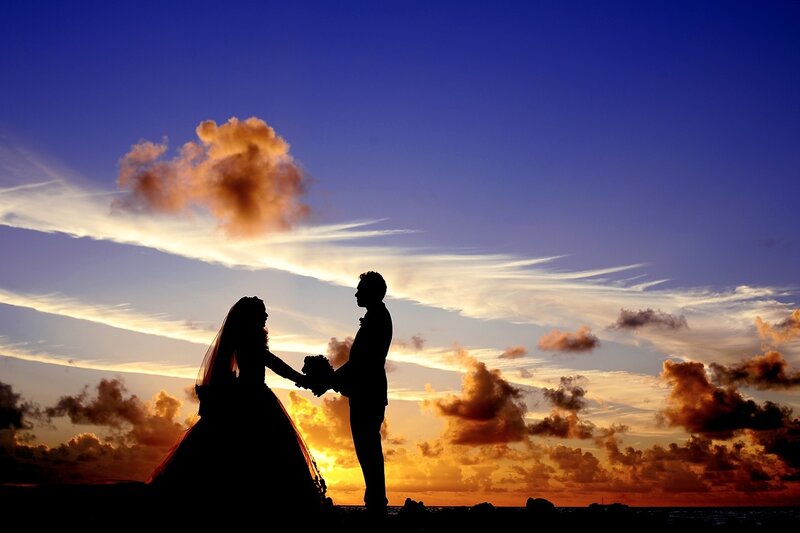 Couple in Wedding Attire — Blue, Dramatic, Sunset