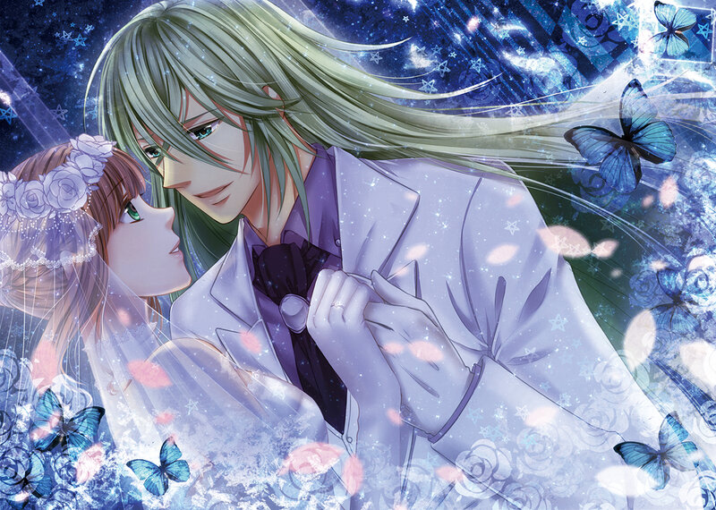 Couple in Wedding Attire — Blue, Romantic, Night, Anime, Butterflies