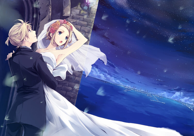 Couple in Wedding Attire — Blue, Romantic, Night, Anime