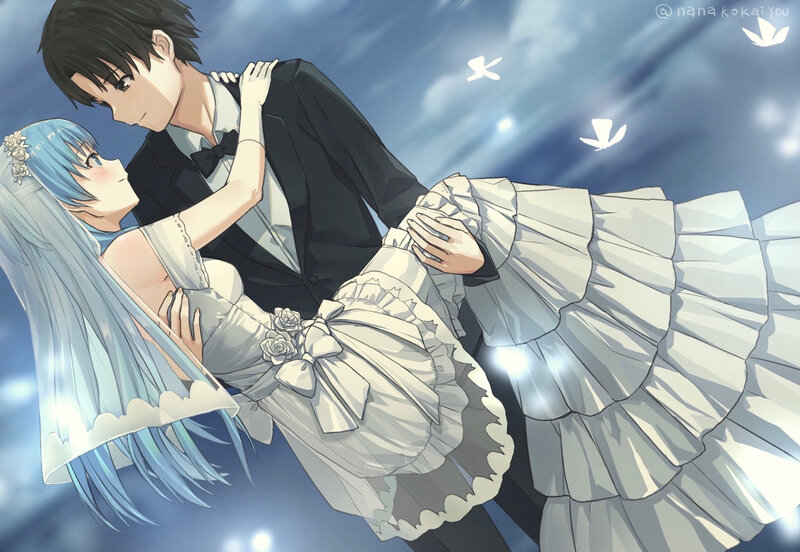 Couple in Wedding Attire — Blue, Romantic, Night, Anime, Tuxedo