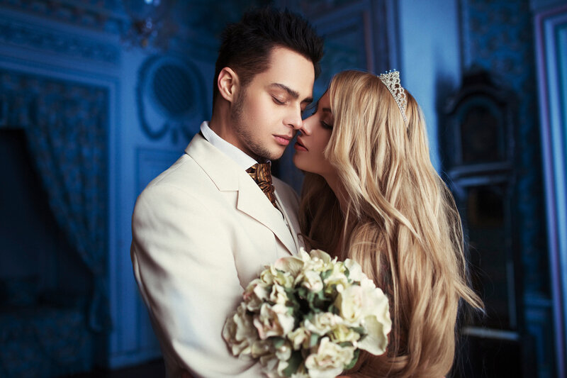 Couple in Wedding Attire — Blue, Romantic, Photograph